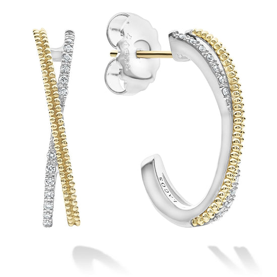 Lagos Thin Two-Tone Caviar X Diamond Hoop Earrings