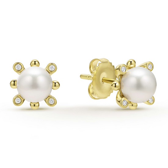 Lagos Fleur Pearl w/ Diamonds Stud Earrings in 18k Gold