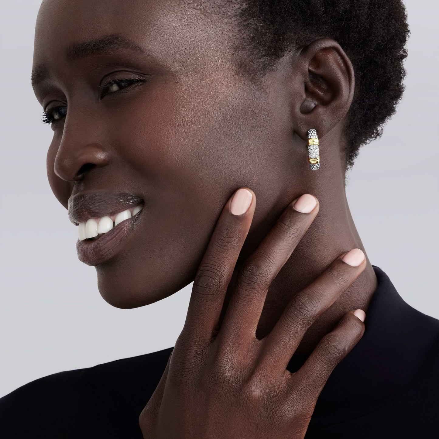 Lagos Two-Tone Caviar Diamond Hoop Earrings in Sterling Silver and 18k Gold