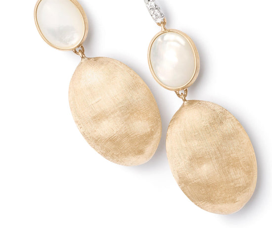 Gold & Mother of Pearl Two Drop Hook Earrings w/ Diamond Accent