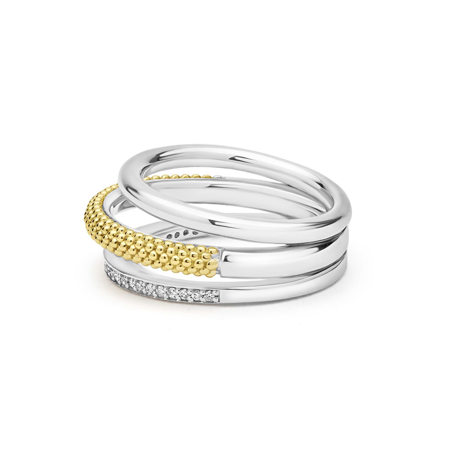 Lagos Two-Tone Three Row Diamond Ring in Sterling Silver and 18k Gold