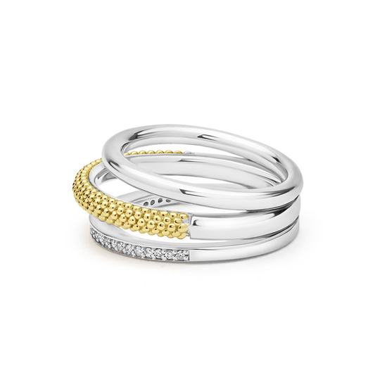 Lagos Two-Tone Three Row Diamond Ring in Sterling Silver and 18k Gold