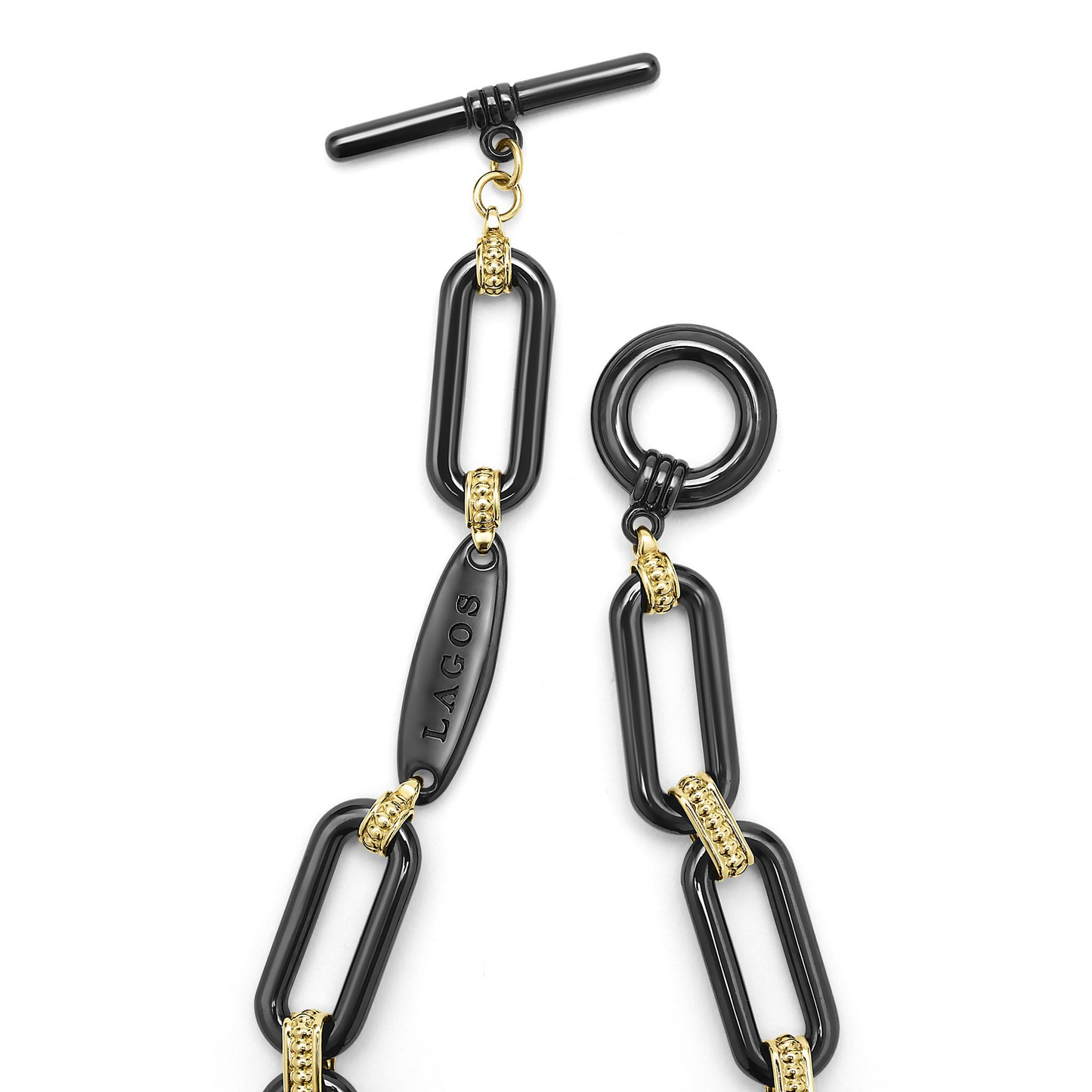 Lagos 18k Gold and Black Ceramic Diamond Station Link Bracelet - 10mm