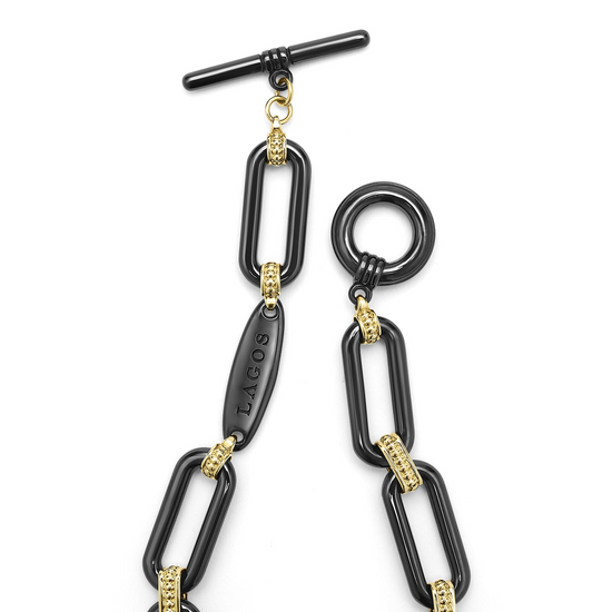 Lagos 18k Gold and Black Ceramic Diamond Station Link Bracelet - 10mm