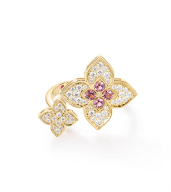 Roberto Coin 18k Yellow Gold Venetian Princess Carnival Diamond & Rubellite Double Flower Ring