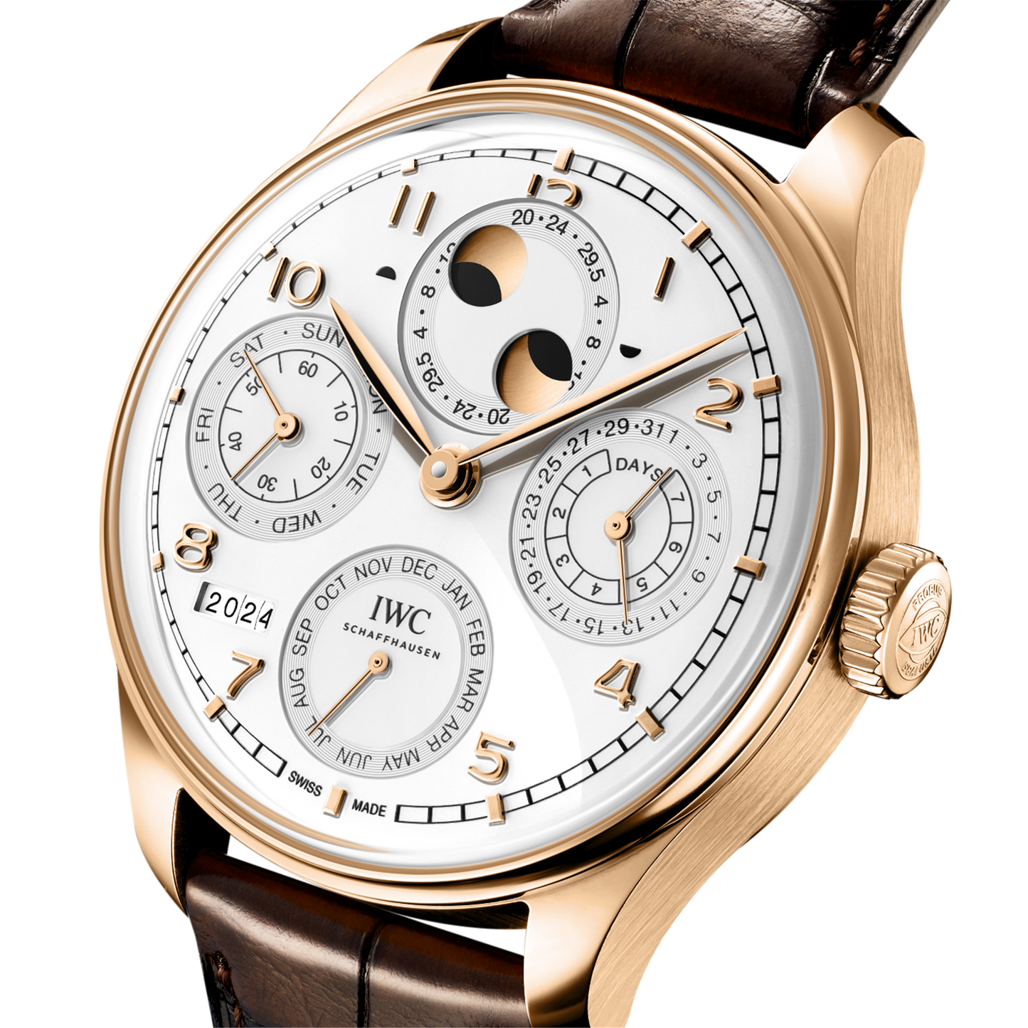 IWC Schaffhausen 18k Yellow Gold Portugieser Perpetual Calendar 44mm w/ Silver Dial and Dark Brown Gator Strap