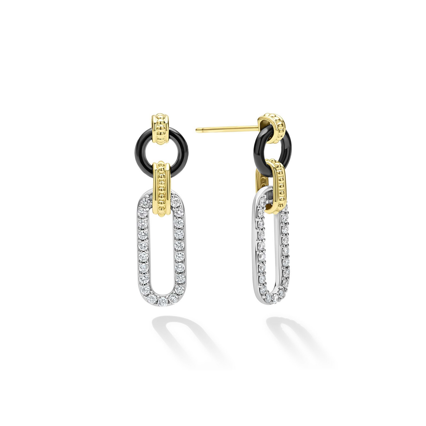 Lagos Link Drop Earrings, Small in Sterling Silver, 18k Gold and Black Ceramic Diamond