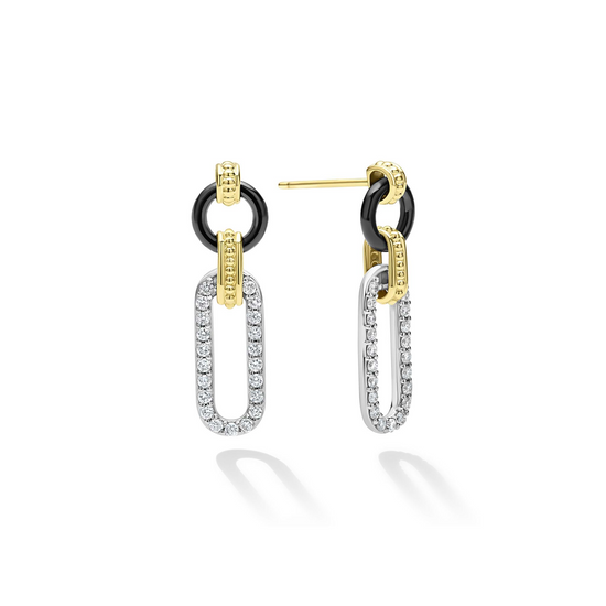 Lagos Link Drop Earrings, Small in Sterling Silver, 18k Gold and Black Ceramic Diamond