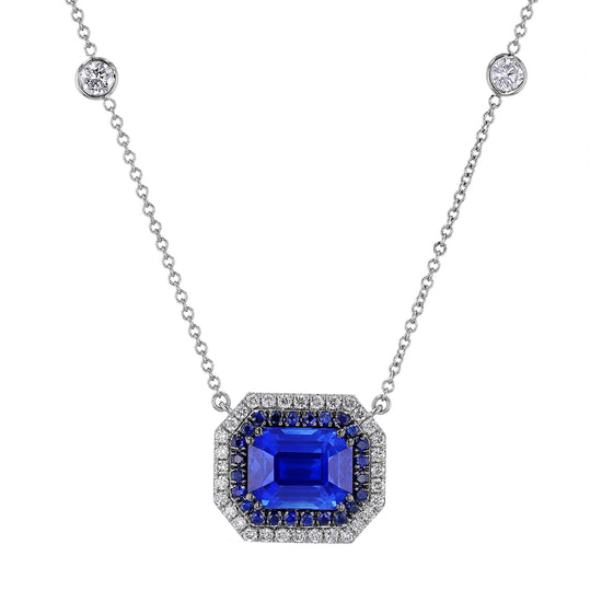 Joshua J White Gold 3ct Emerald-Cut Blue Sapphire Necklace w/ Diamond Halo