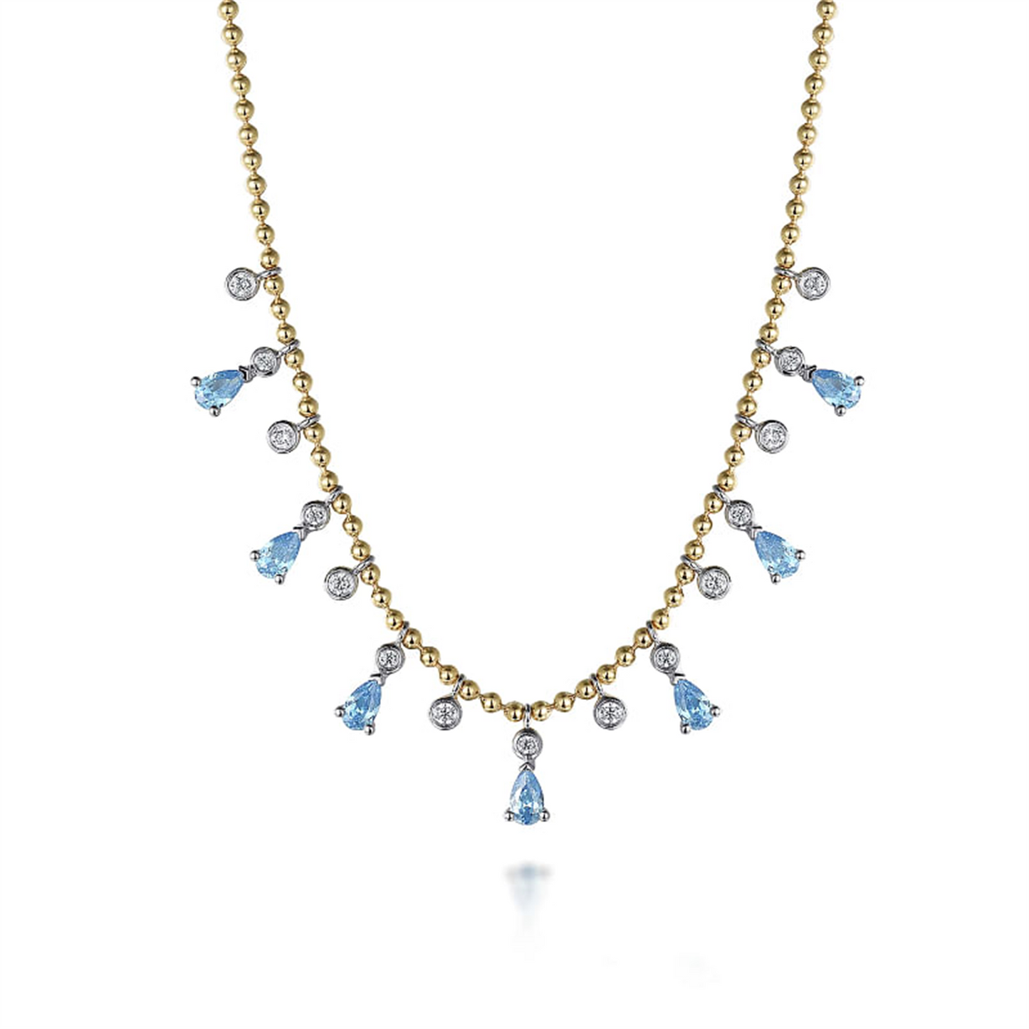 Gabriel & Co. Two Tone Bead Chain Diamond & Blue Topaz Droplet Necklace