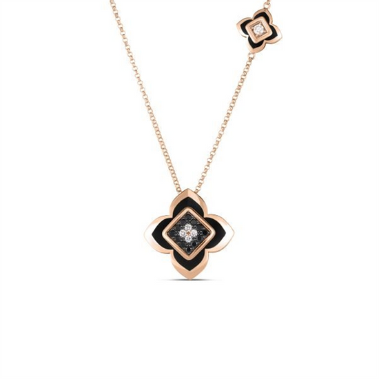 Roberto Coin Palazzo Ducale Carnevale Black Enamel & Diamond Flower Necklace in 18k Rose Gold