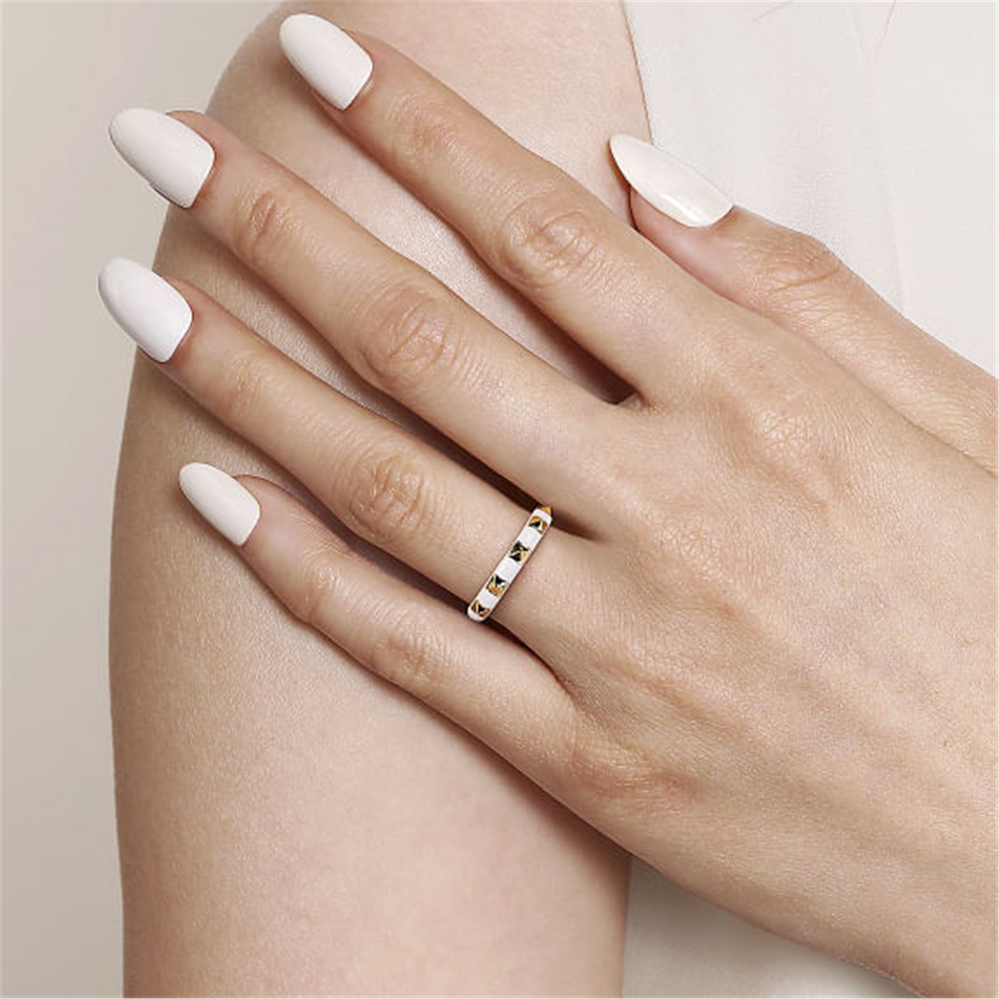 Gabriel & Co. Gold Pyramid Stackable Ring with White Enamel