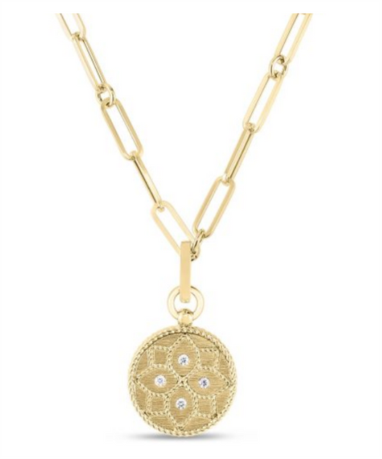 Roberto Coin Venetian Princess Small Satin Medallion with Diamond Flower Detail Necklace