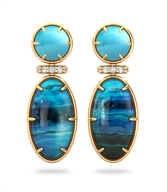 Jamie Turner Marfa Turquoise-Chrysocolla-Malachite Drop Earrings w/Diamonds