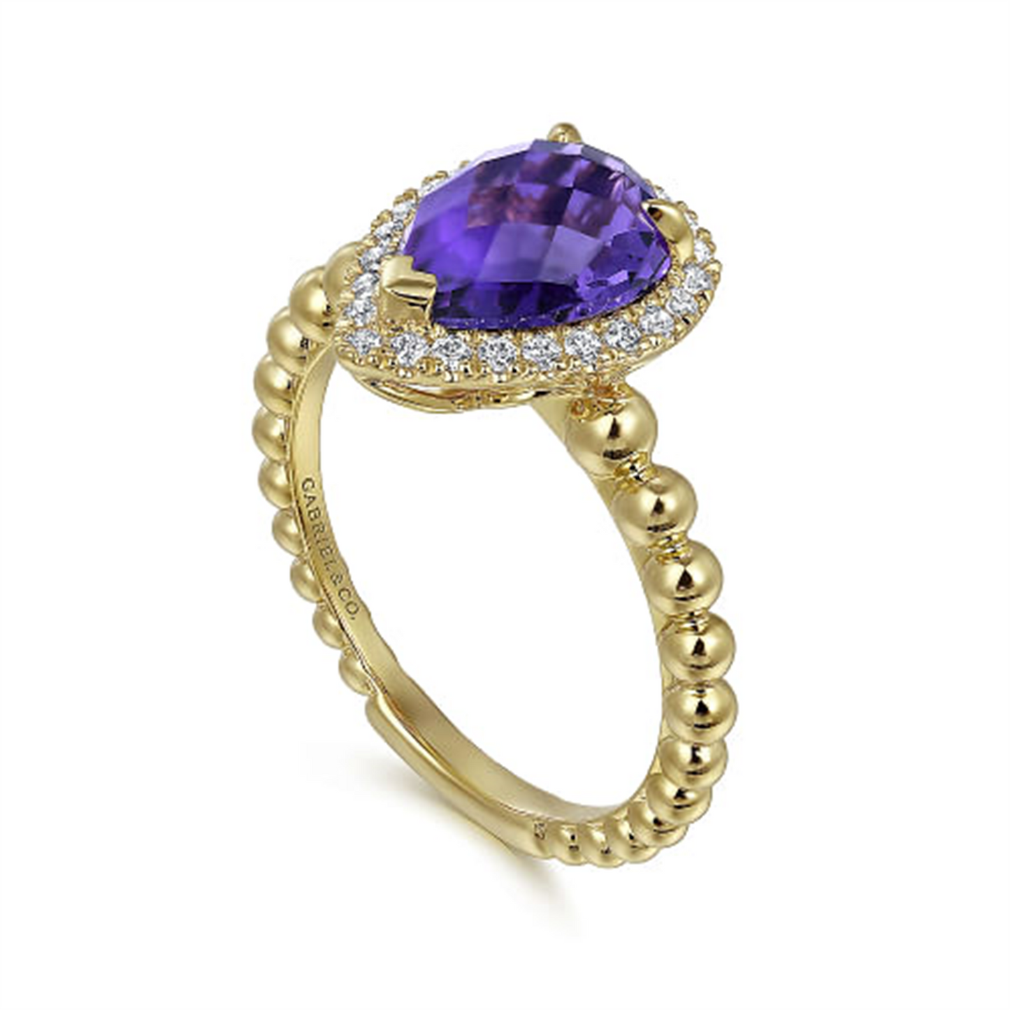 Gabriel & Co. Gold Pear Shape Amethyst w/ Diamond Halo Ring