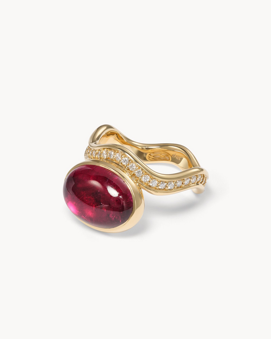 Jamie Turner Aurora Rubellite Cocktail Ring w/ Diamonds in 18k Yellow Gold