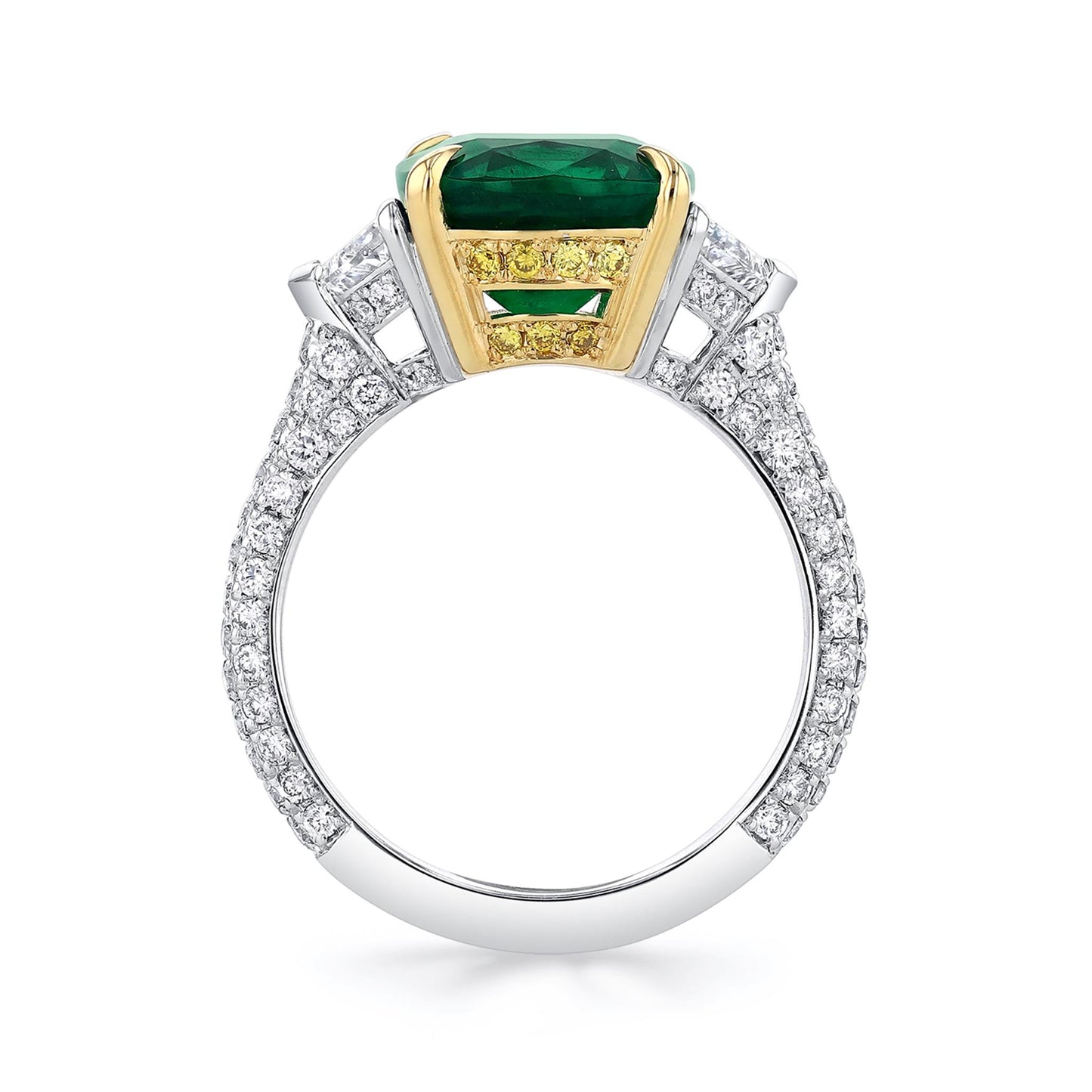 Joshua J Platinum 3.63ct Cushion Cut Emerald w/ Cadillac Diamonds & Pavé Shank