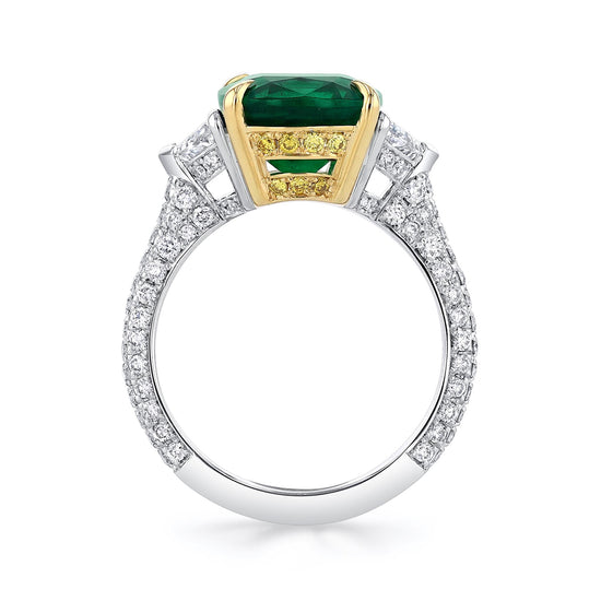 Joshua J Platinum 8.48ct Cushion Cut Emerald w/ Cadillac Diamonds & Pavé Shank