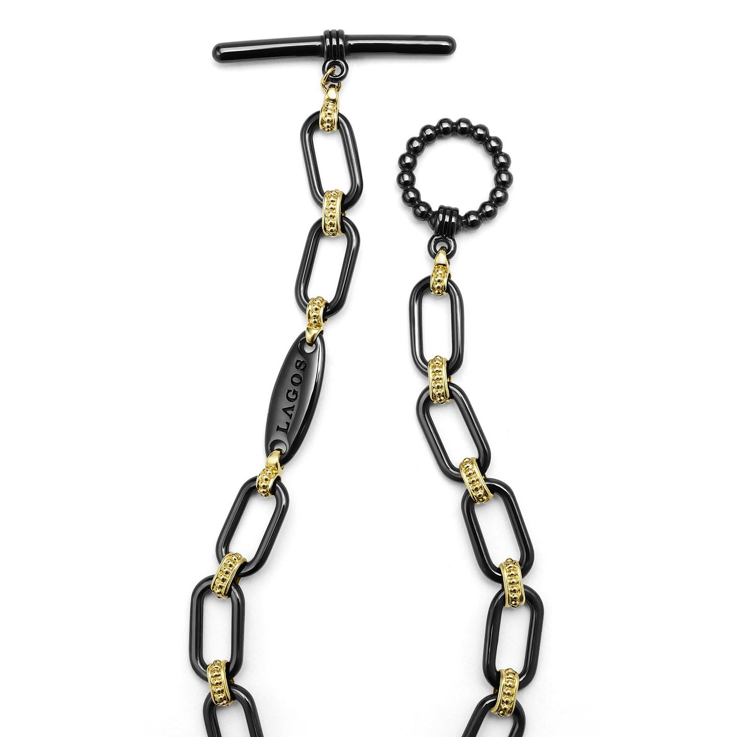 Lagos 18k Gold and Black Ceramic Diamond Station Link Bracelet