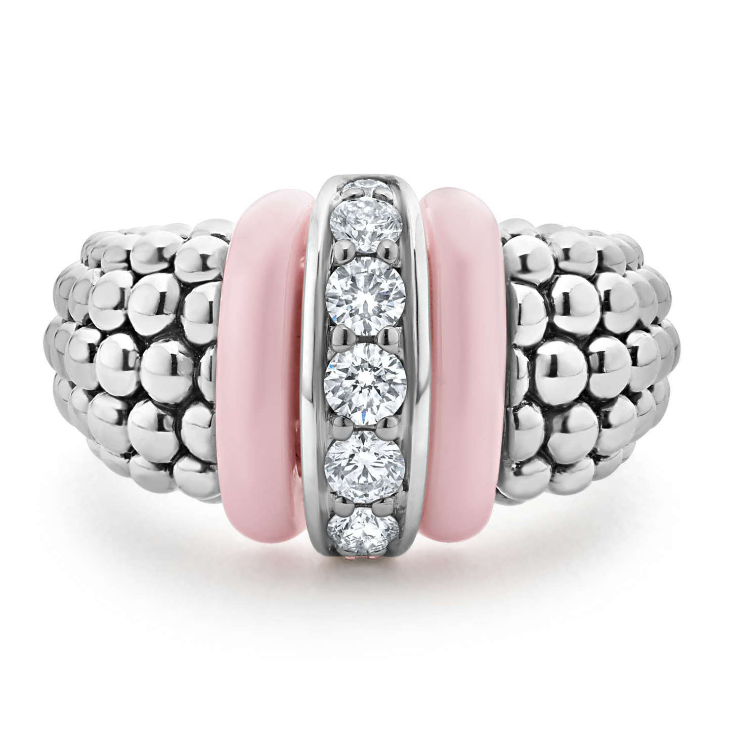Lagos Pink Ceramic Caviar Diamond Ring in Sterling Silver