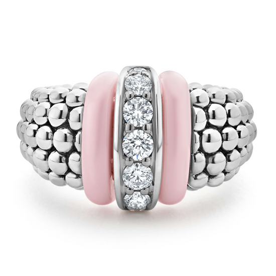 Lagos Pink Ceramic Caviar Diamond Ring in Sterling Silver
