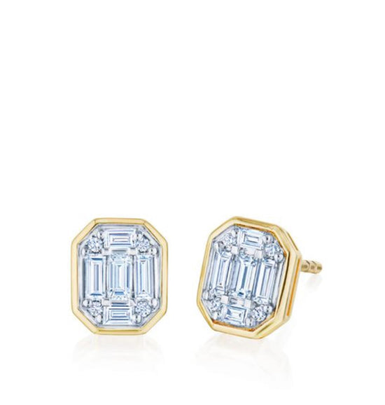 Kwiat Sunburst Emerald Cut Bezel Set Earrings in 18k Yellow Gold & 1/2ct Diamonds