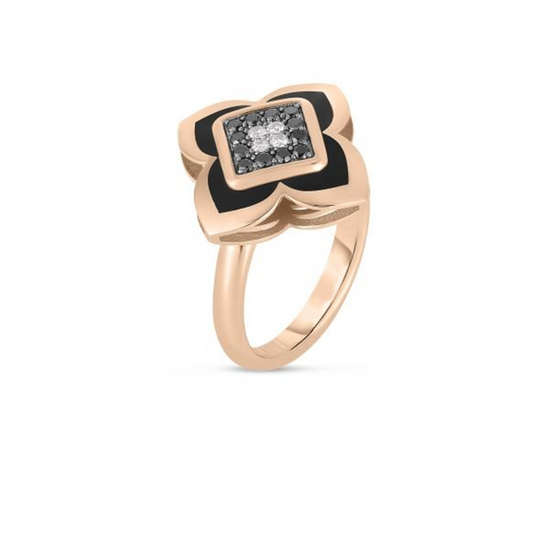 Roberto Coin Palazzo Ducale Carnevale Black Enamel & Diamond Flower Ring in 18k Rose Gold