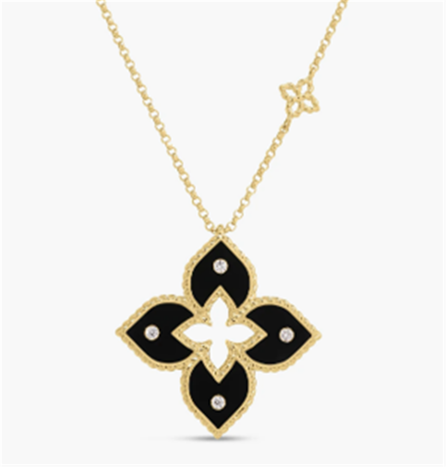 Roberto Coin Venetian Princess Diamond & Black Enamel Flower Necklace in 18k Yellow Gold