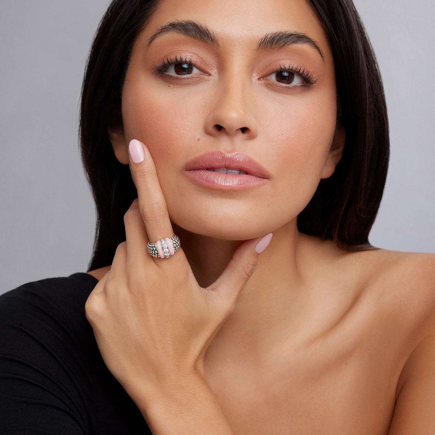 Lagos Pink Ceramic Caviar Diamond Ring in Sterling Silver