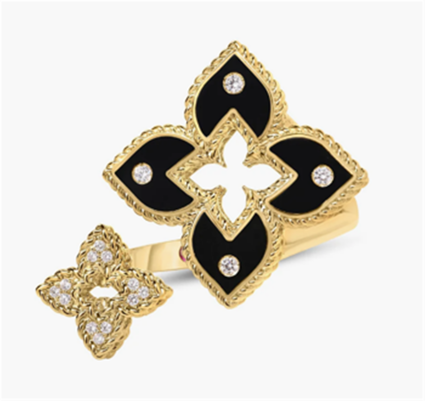 Roberto Coin Venetian Princess Diamond & Black Enamel Double Flower Bypass Ring in 18k Yellow Gold