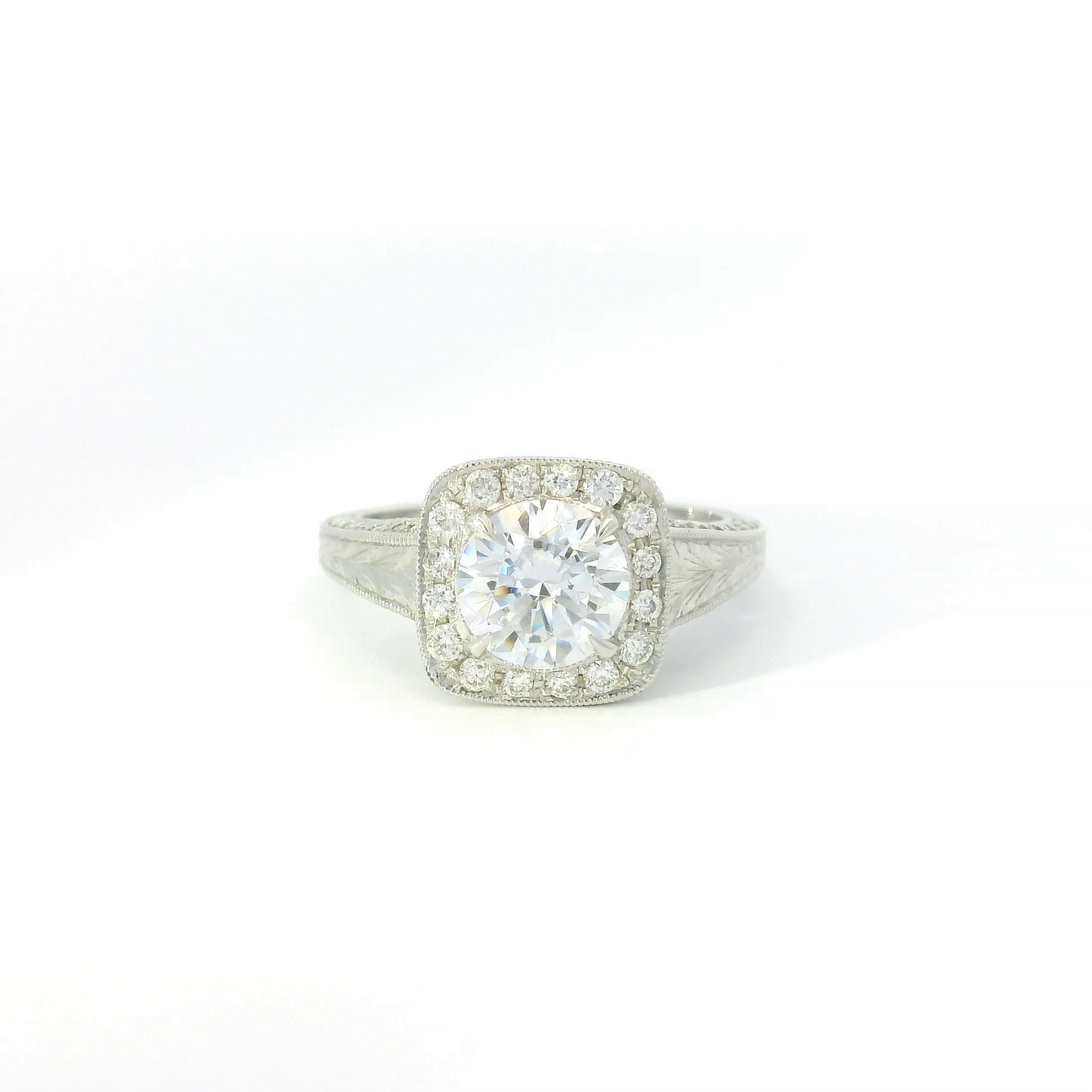 Couture Diamond Halo w/ Miligrain Edge & Engraved Sides Semi-Mount Engagement Ring