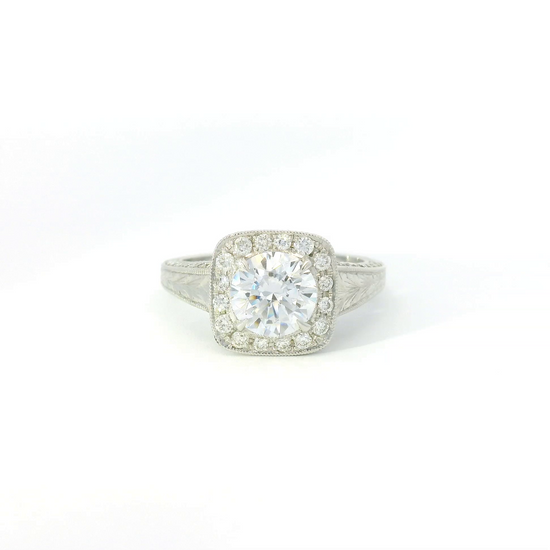 Couture Diamond Halo w/ Miligrain Edge & Engraved Sides Semi-Mount Engagement Ring