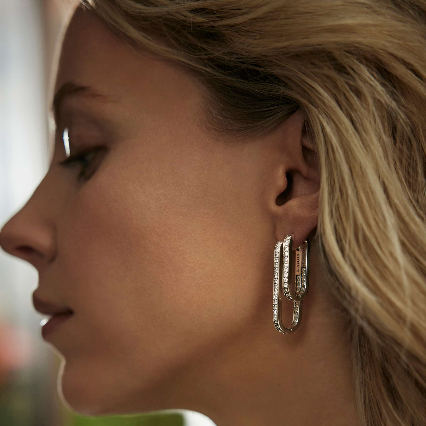Lagos Linear Diamond Hoop Earrings in Sterling Silver