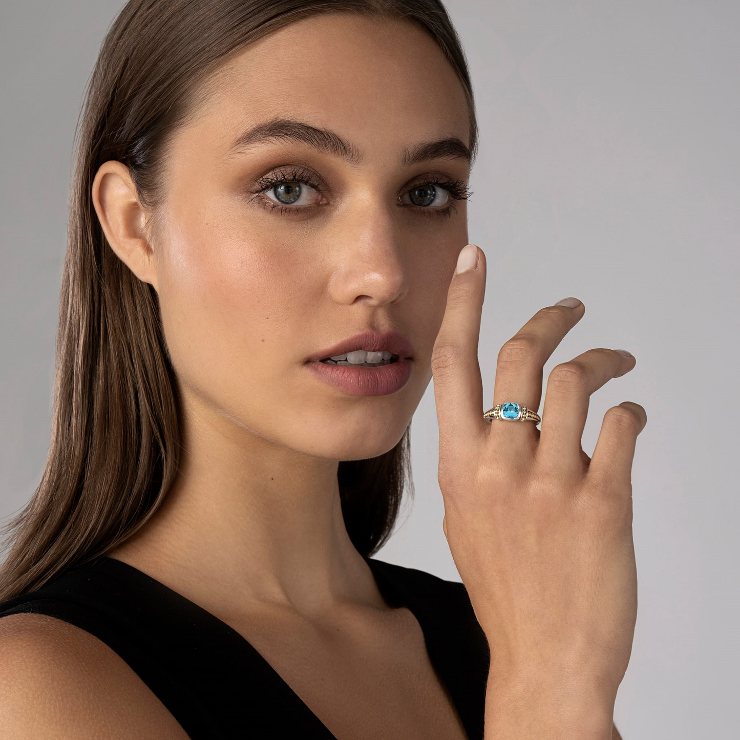 Lagos Swiss Blue Topaz Ring Sterling Silver and 18k Gold