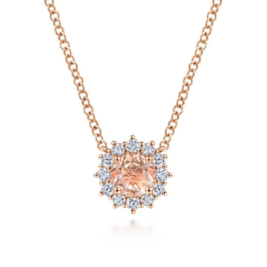 Gabriel & Co. Rose Gold Round Morganite & Diamond Halo Pendant Necklace