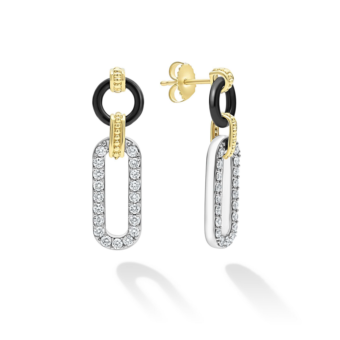 Lagos Diamond Link Drop Earrings in Sterling Silver, 18k Gold and Black Ceramic