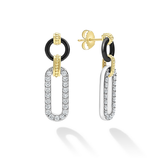 Lagos Diamond Link Drop Earrings in Sterling Silver, 18k Gold and Black Ceramic