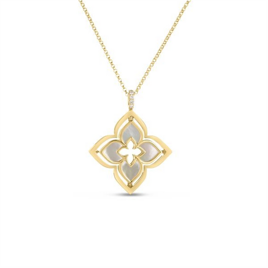 Roberto Coin Gold Venetian Princess Pirouette Pave Diamond & Mother of Pearl Flower Necklace