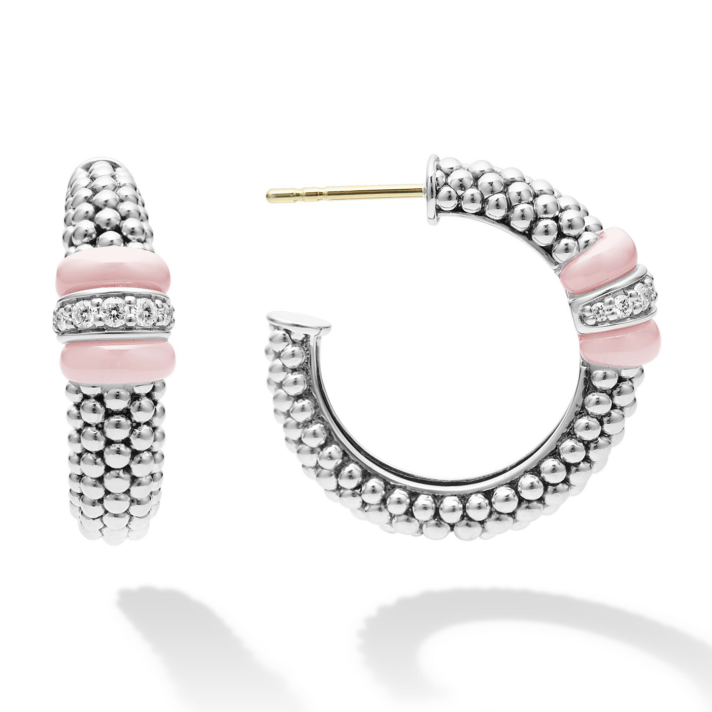 Lagos Pink Ceramic Caviar Hoop Earrings w/ Diamonds