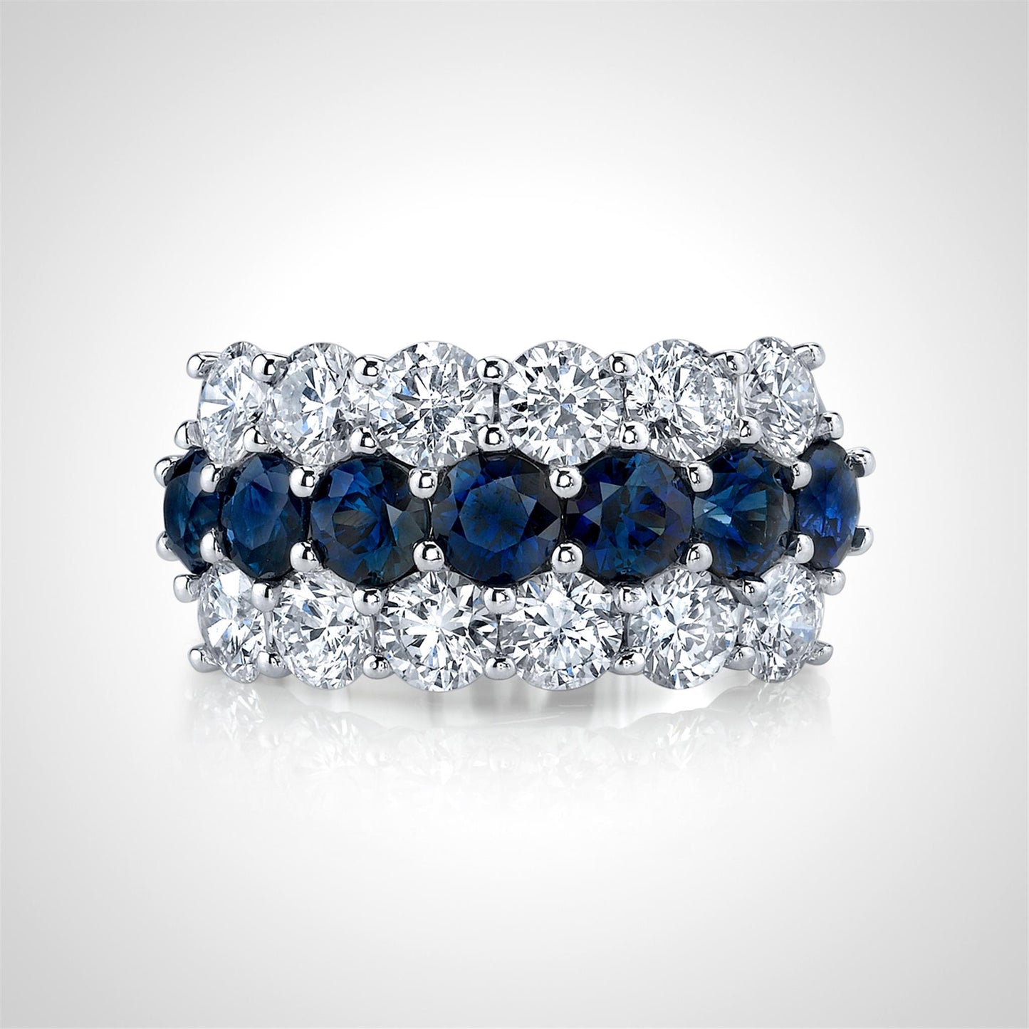 Couture Diamond and Blue Sapphire 3 Row Prong Set Band in 18k White Gold