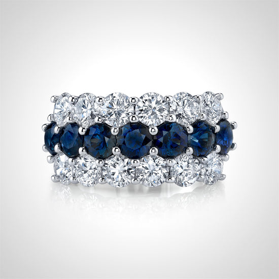 Couture Diamond and Blue Sapphire 3 Row Prong Set Band in 18k White Gold
