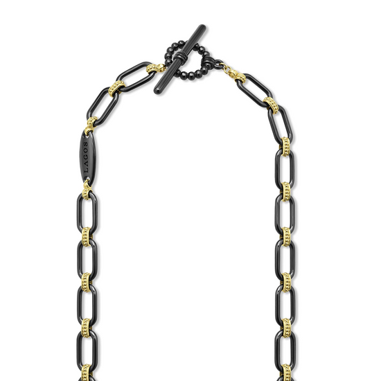 Lagos Diamond Station Link Necklace in Black Ceramic and 18k Gold - 6mm
