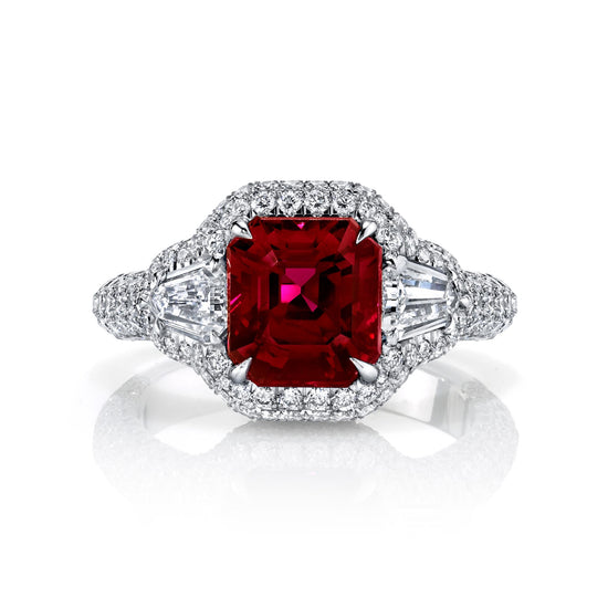 Joshua J Platinum 3.5ct Asscher-Cut Ruby w/ Diamond Halo & Bombay Shank