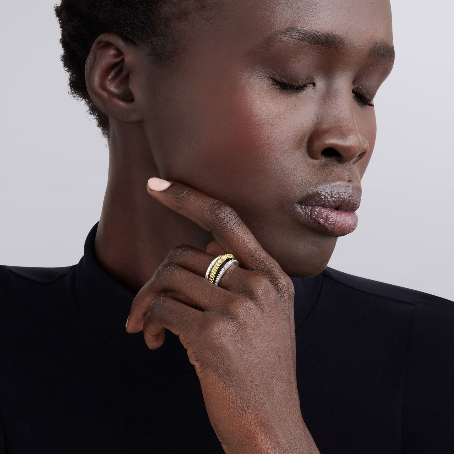 Lagos Two-Tone Three Row Diamond Ring in Sterling Silver and 18k Gold