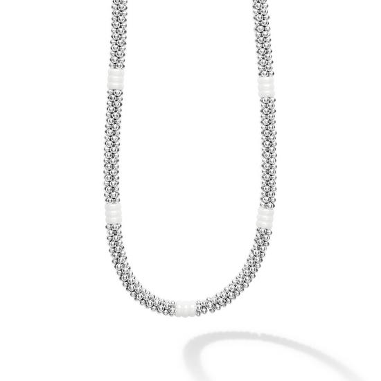 Lagos White Ceramic Three Bead Station Caviar Necklace