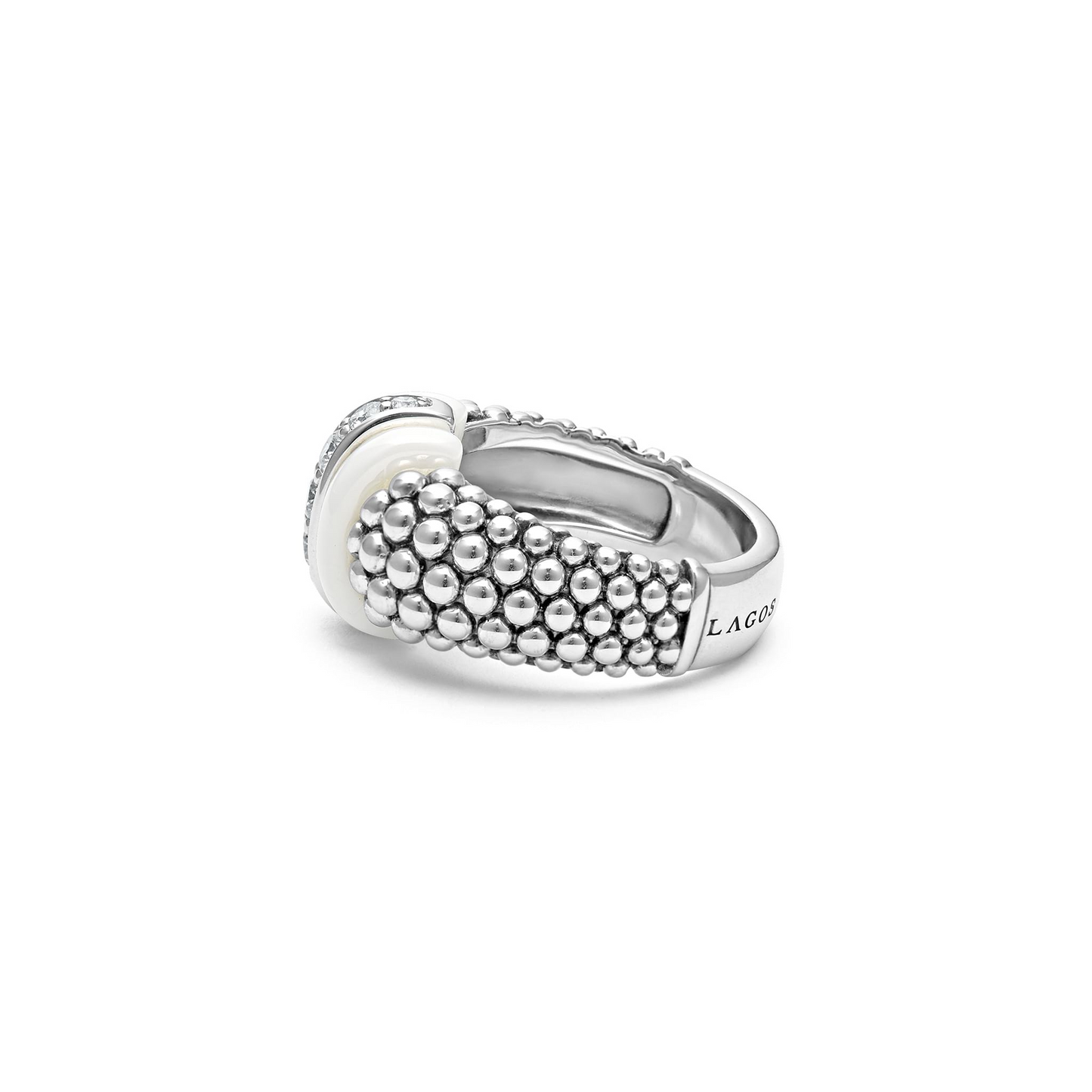 Lagos White Ceramic Caviar Diamond Ring in Sterling Silver