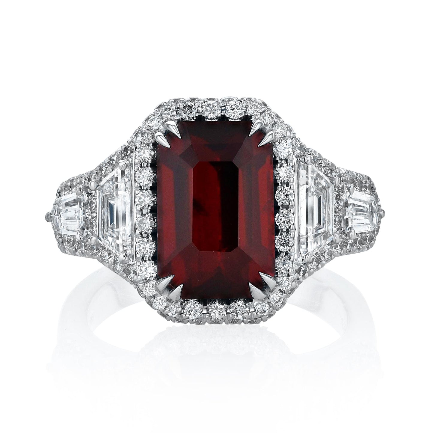 Joshua J 5ct Emerald-Cut Ruby Ring w/ Infinity Diamond Halo