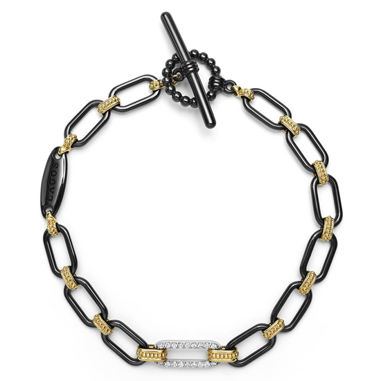 Lagos 18k Gold and Black Ceramic Diamond Station Link Bracelet