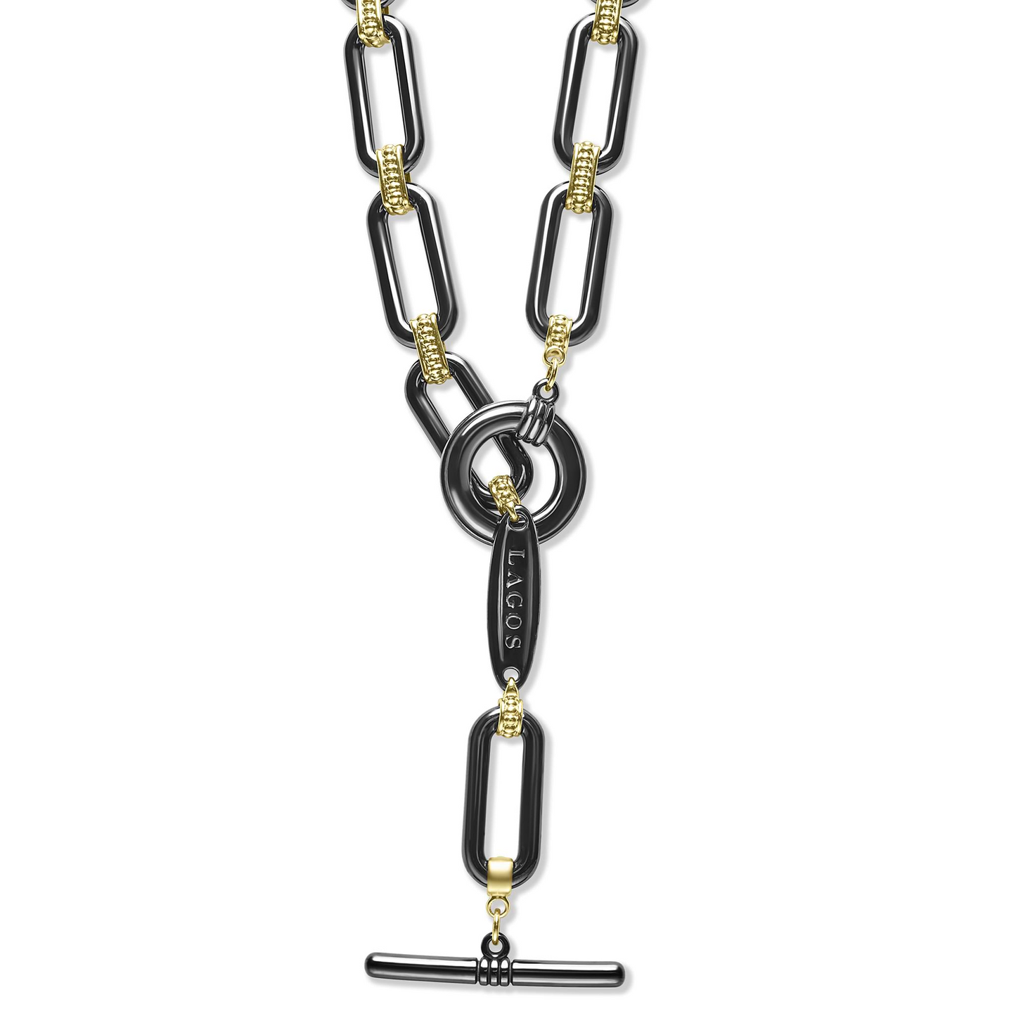 Lagos Ceramic Link Necklace in 18k Yellow Gold and Black Ceramic