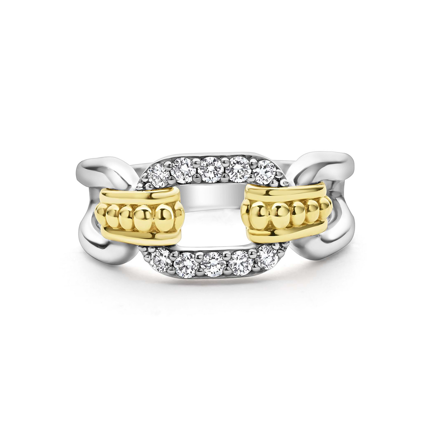 Lagos Two-Tone Link Diamond Ring in Sterling Silver and 18k Gold